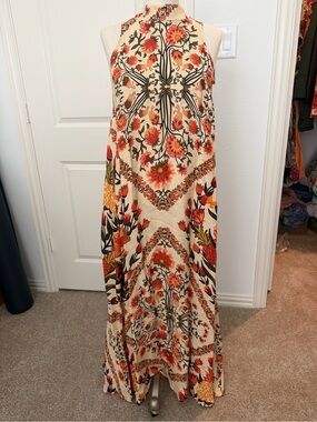 Farm Rio Cream Floral Maxi Skirt with Orange & Red Accents